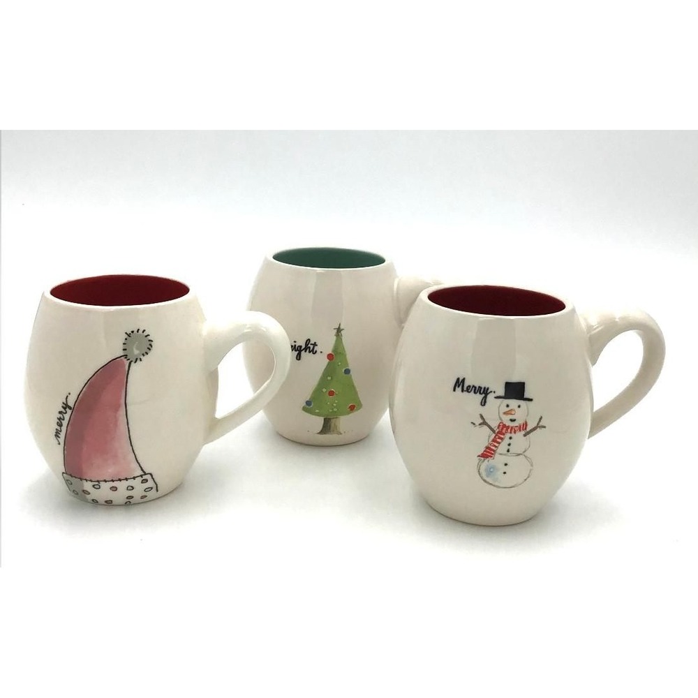 Rae Dunn Christmas Holiday Ceramic Mug Set 3pc Merry Hat Misprint Inverted Words